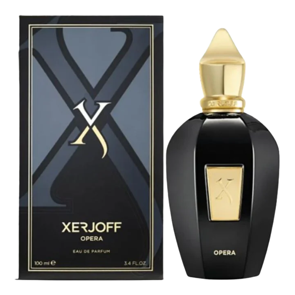 Elegant black and gold bottle of Opera EDP perfume next to its matching black and gold designer packaging box