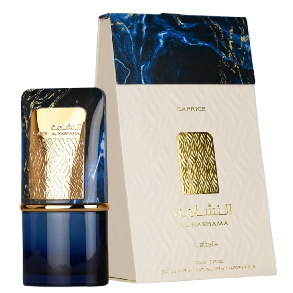 Al Nashama Caprice EDP bottle with gold and navy detailing next to matching elegant white and blue packaging box