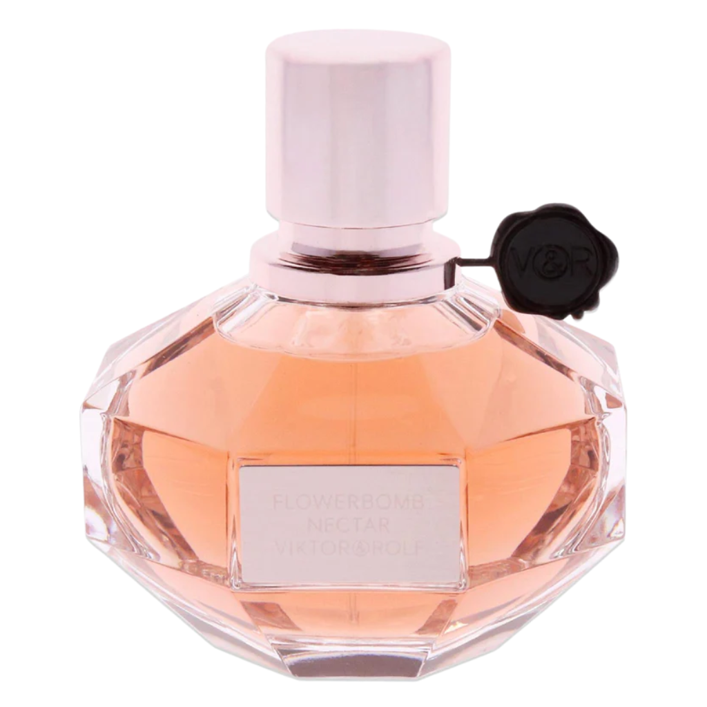 Elegant faceted bottle of Flowerbomb Nectar Intense EDP with soft pink cap and amber-colored fragrance liquid inside