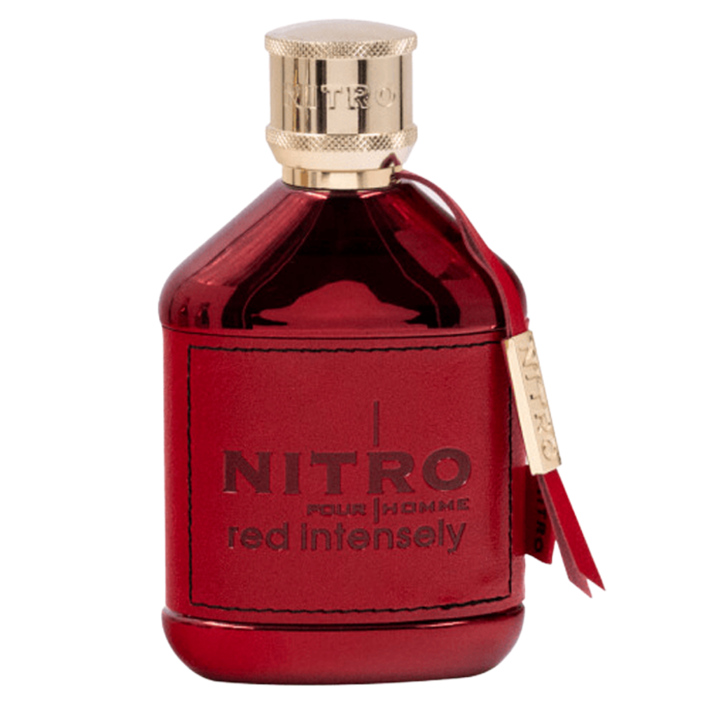 Red bottle with gold cap and leather label showcasing Nitro Red Intensely EDP perfume decant for men by Arvella Fragrance