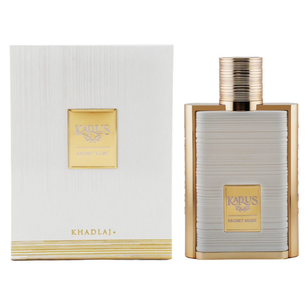 Karus Secret Musk EDP perfume bottle and white textured box with gold accents display luxury fragrance packaging