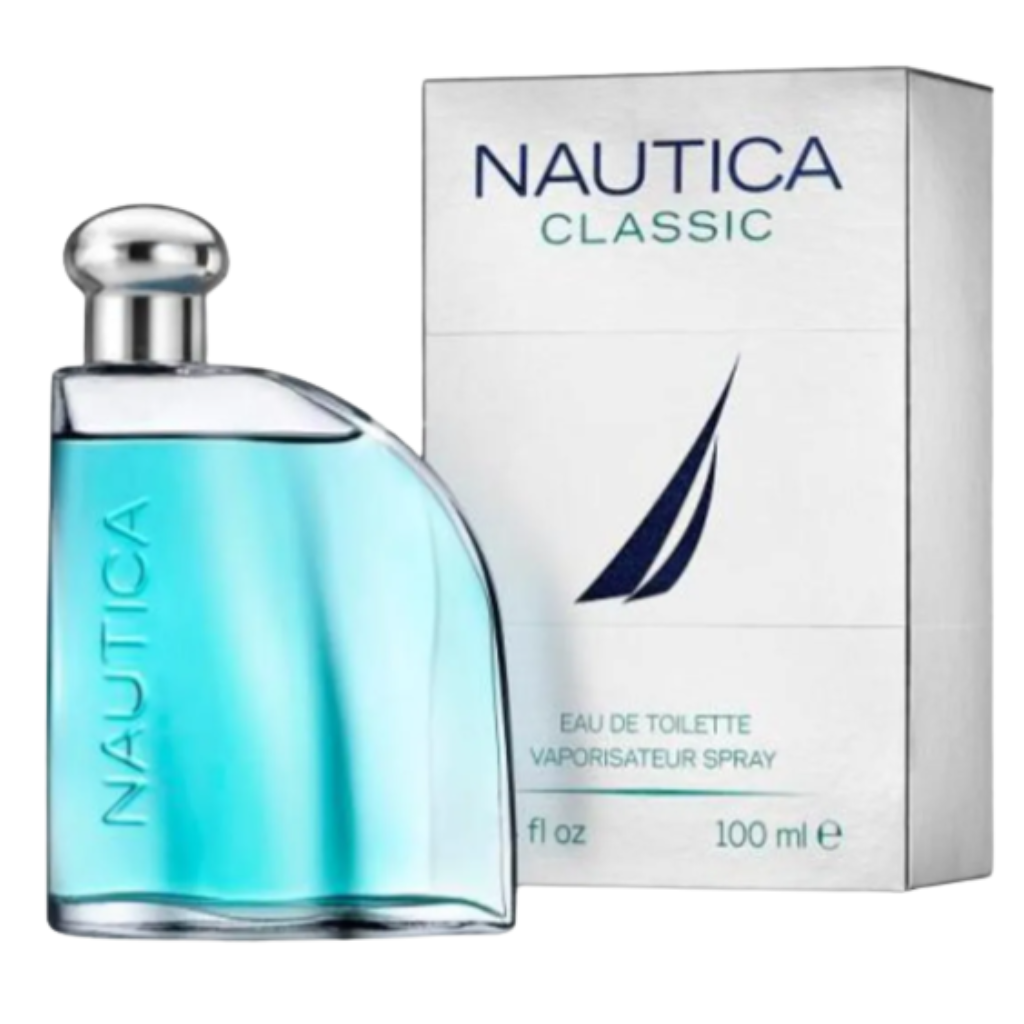 Nautica Classic by EDT bottle and box with blue liquid, a stylish design for authentic fragrance decants US sale.