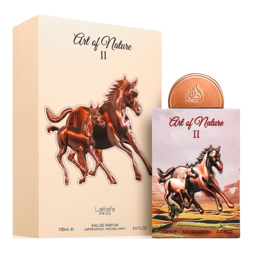 Pride Art Of Nature II EDP perfume bottle and packaging featuring embossed running horse design and natural theme.