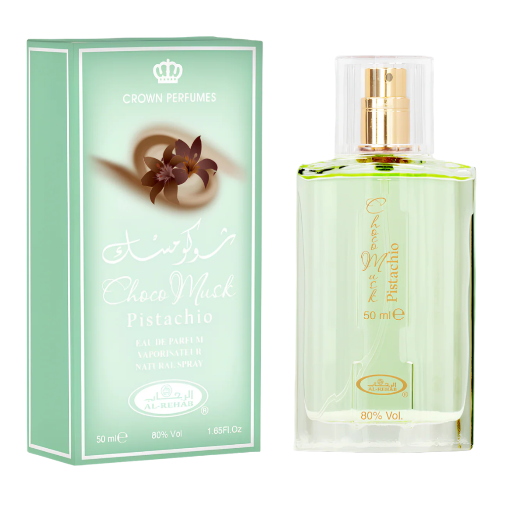 Choco Musk Pistachio EDP perfume bottle and green box with gold and white text by Crown Perfumes