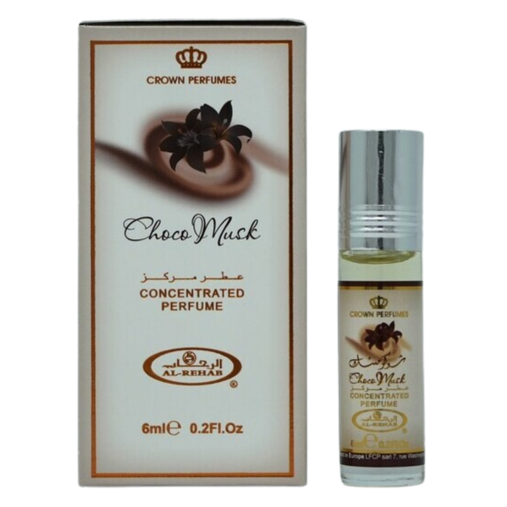 Choco Musk Concentrated Perfum Rollerball with elegant packaging and light amber perfume inside a clear glass bottle