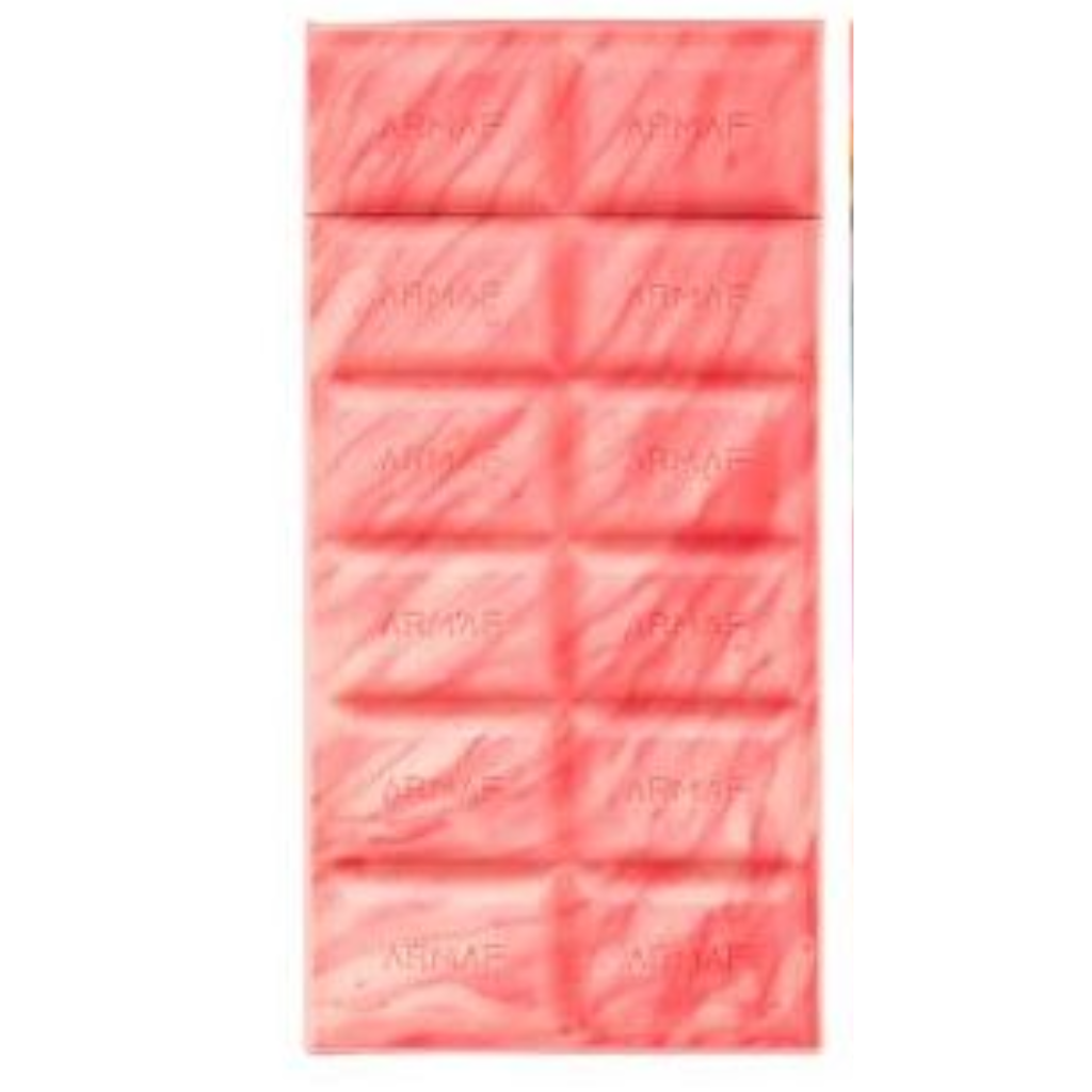 Red velvet pouches arranged in a grid, embossed with Armaf branding, for Delight Cotton Candy EDP fragrance decants.
