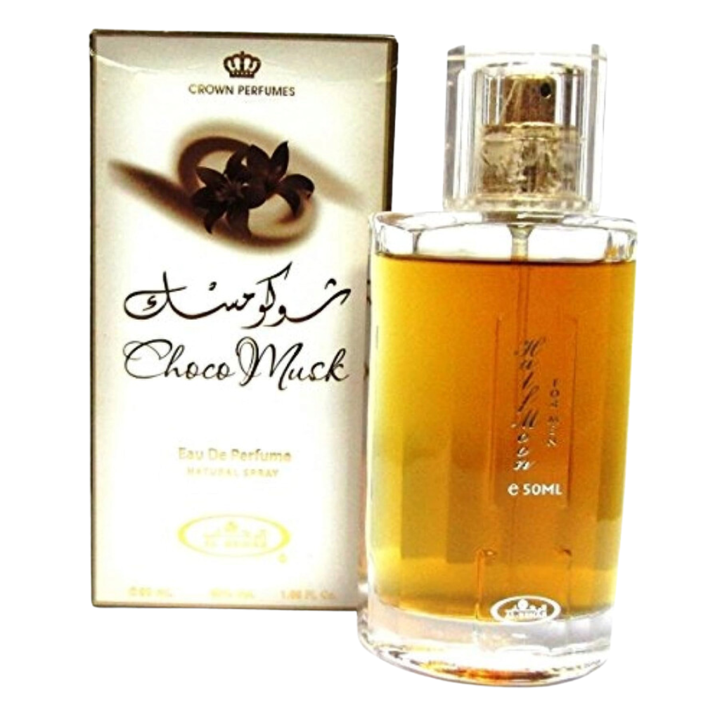 Choco Musk EDP perfume bottle and packaging with amber liquid and elegant design by Arvella Fragrance.