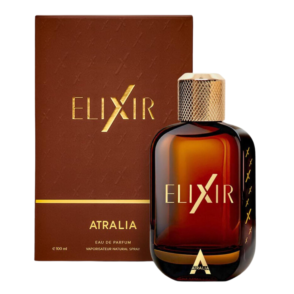 Elixir EDP bottle with brown and gold packaging, featuring elegant design and gold textured cap.