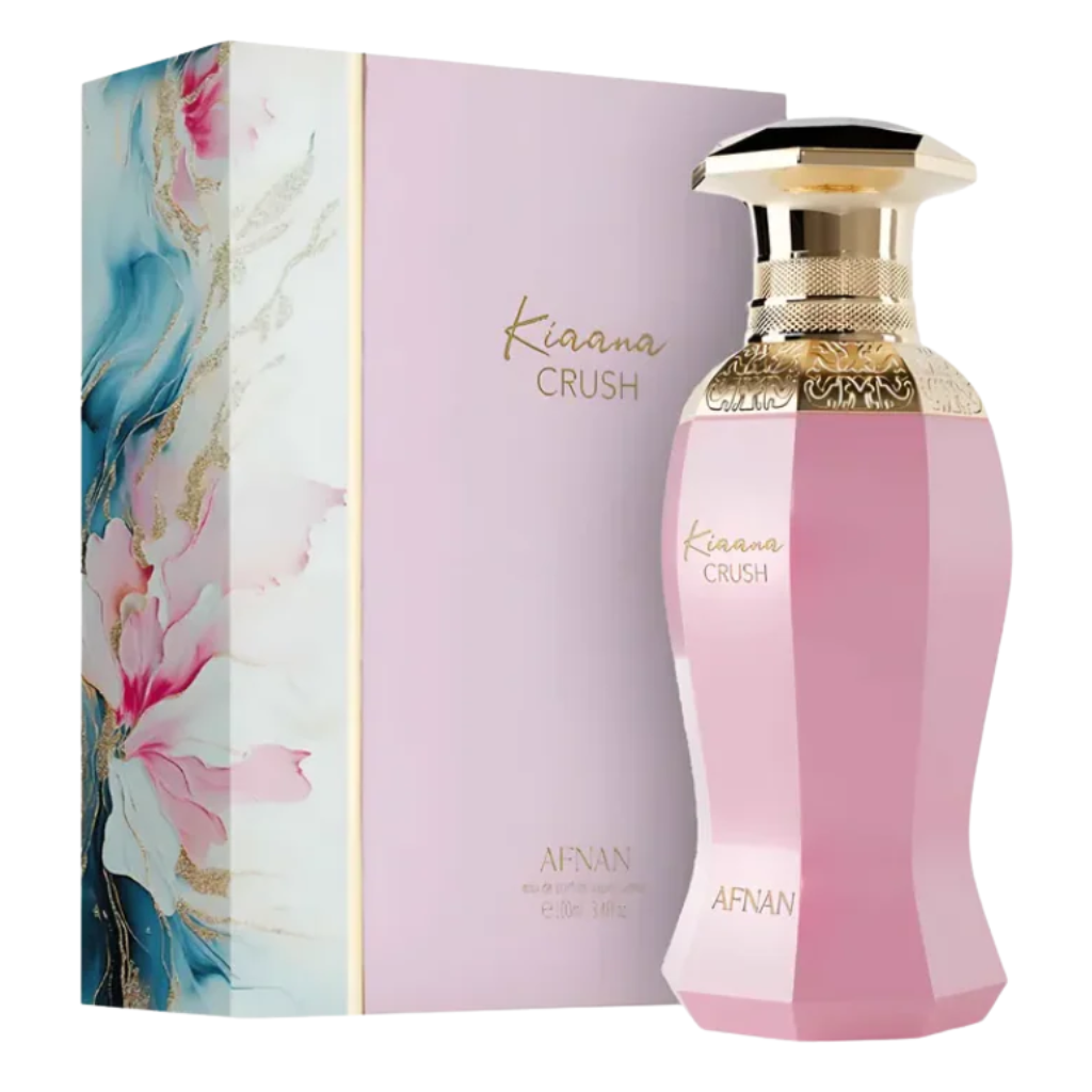 Elegant pink bottle with gold cap alongside floral-themed packaging of Kiaana Crush EDP fragrance decant sample