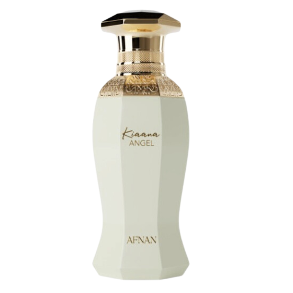 Elegant white and gold bottle of Kiaana Angel EDP perfume with intricate detailing and a luxurious cap design
