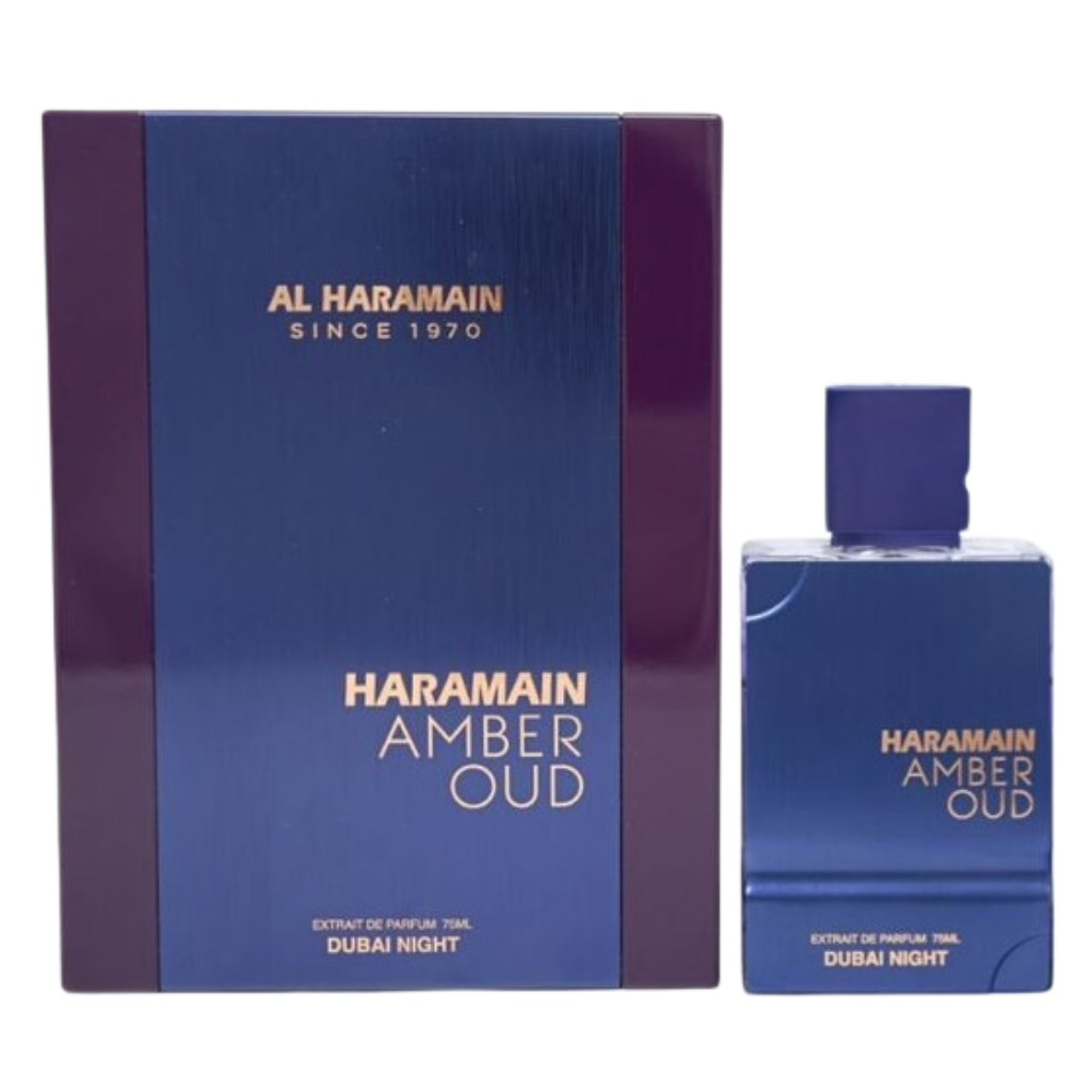 Amber Oud Dubai Night Extrait de Parfum bottle and box in deep blue with gold lettering for niche fragrance decants.