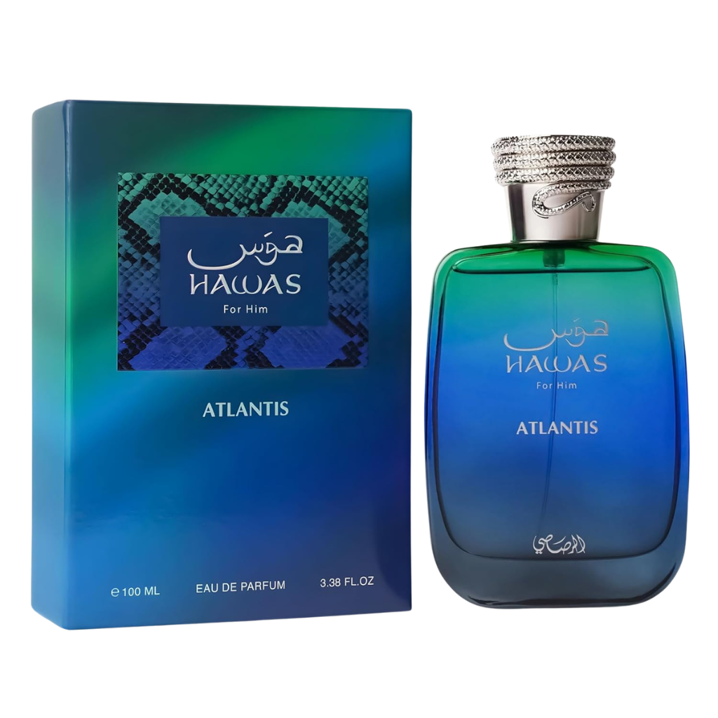 Hawas Atlantis EDP perfume bottle and box in green and blue gradient with silver detailed cap