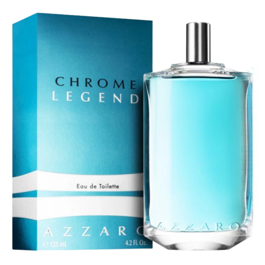 Chrome Legend EDT perfume bottle with blue liquid and matching blue packaging for men fragrance.