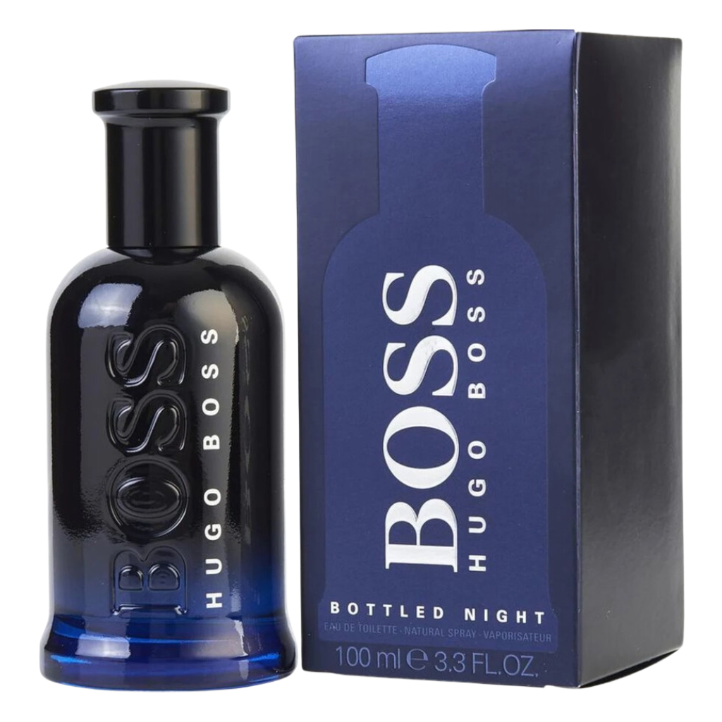 Boss Bottled Night EDT perfume bottle and blue box packaging showcasing the fragrance decants and designer cologne.