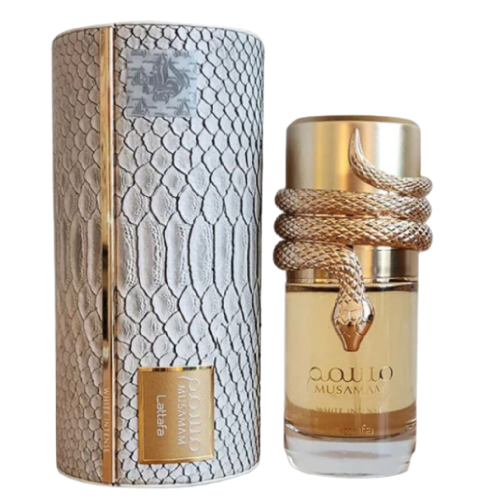 Musamam White Intense EDP perfume bottle with gold snake design and textured white luxury packaging box