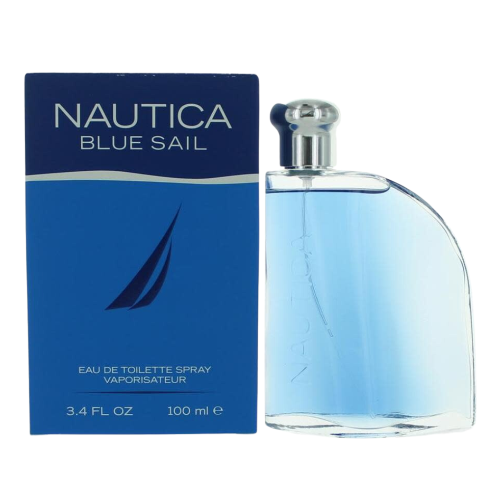 Blue Sail EDT perfume bottle with blue liquid next to matching blue Nautica Blue Sail box packaging
