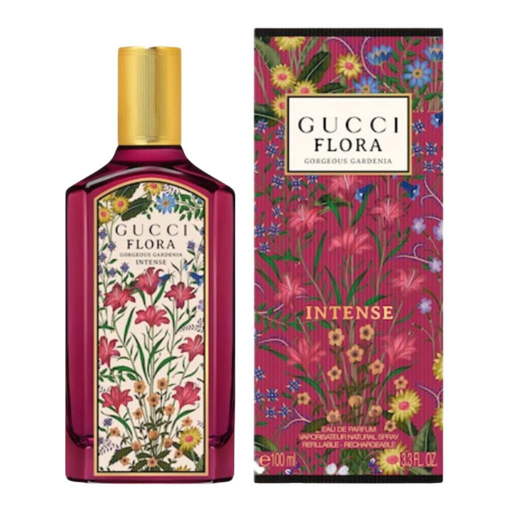 Flora Gorgeous Gardenia Intense EDP bottle with floral design next to matching vibrant floral packaging box