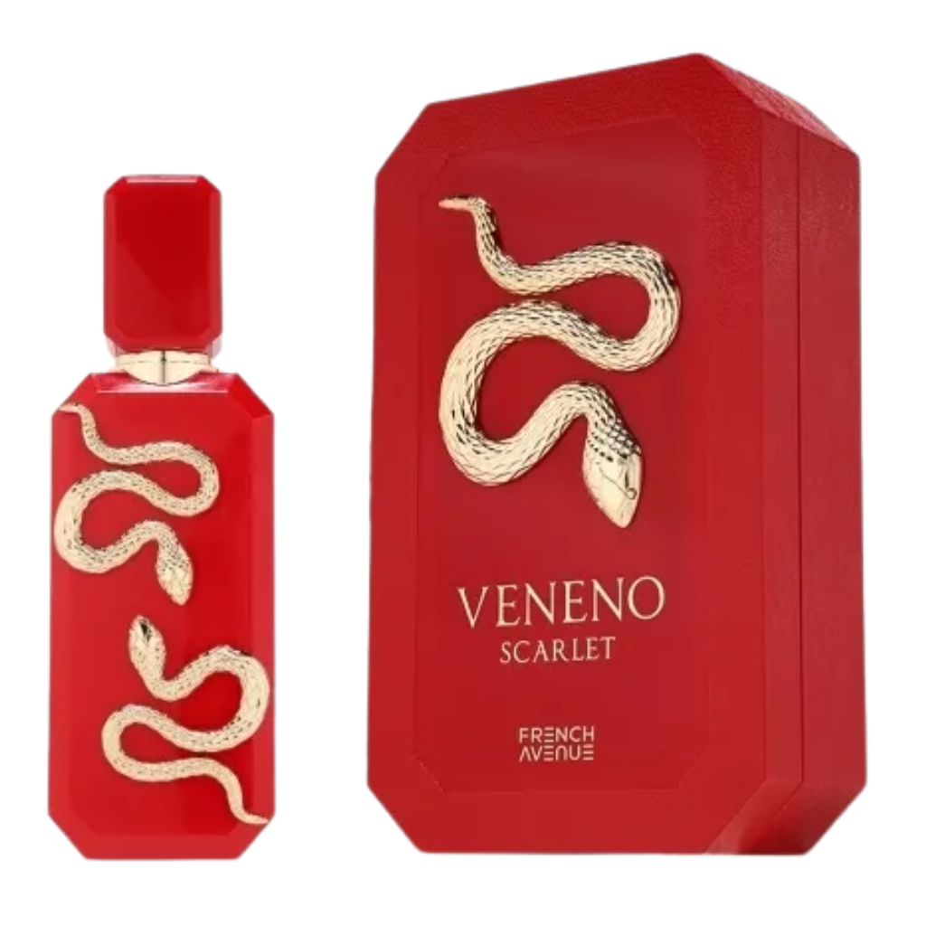 Red perfume bottle and box featuring an embossed gold snake design for Veneno Scarlet EDP fragrance.