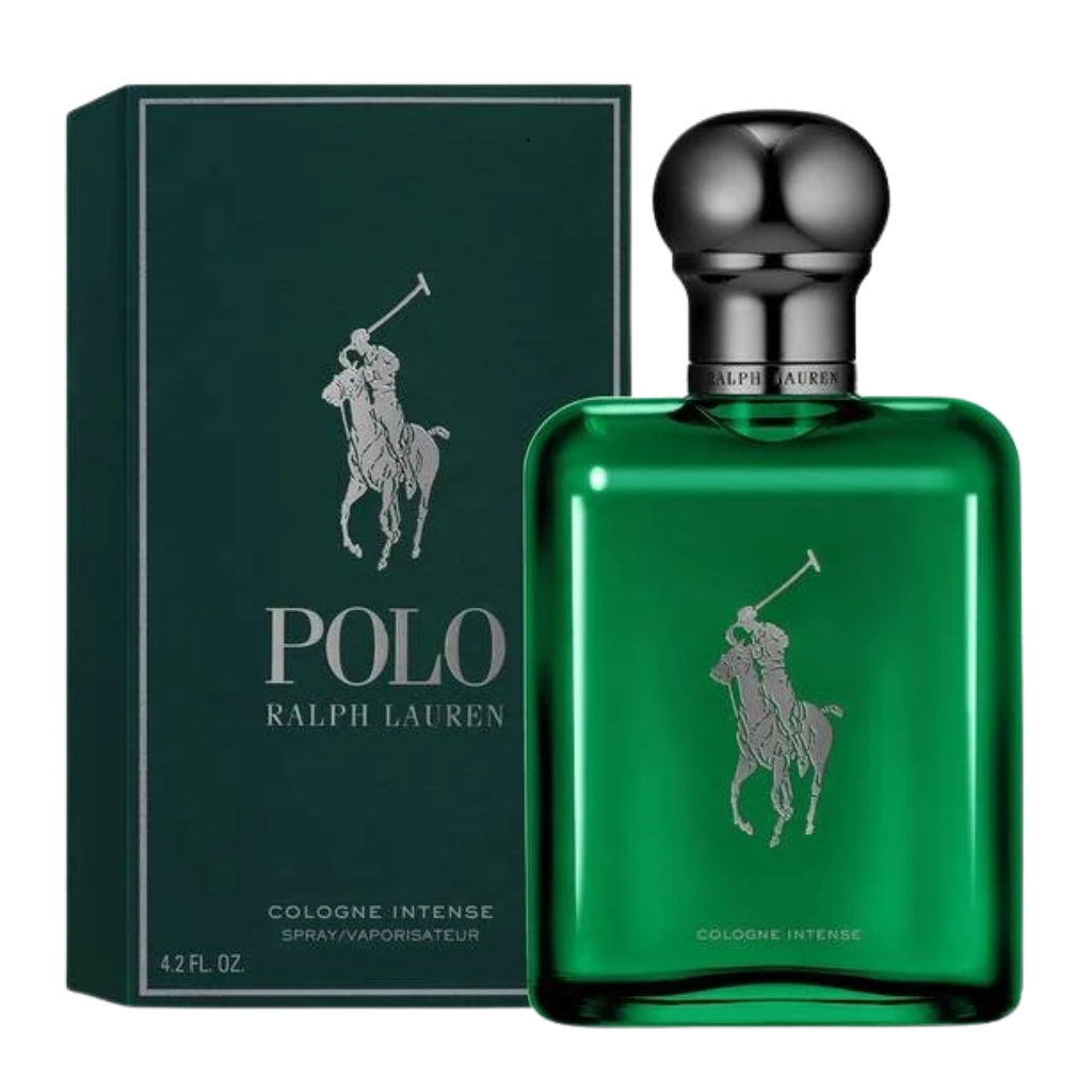 Polo Green Intense EDC bottle with dark green box, silver horse and rider logo, and black rounded cap