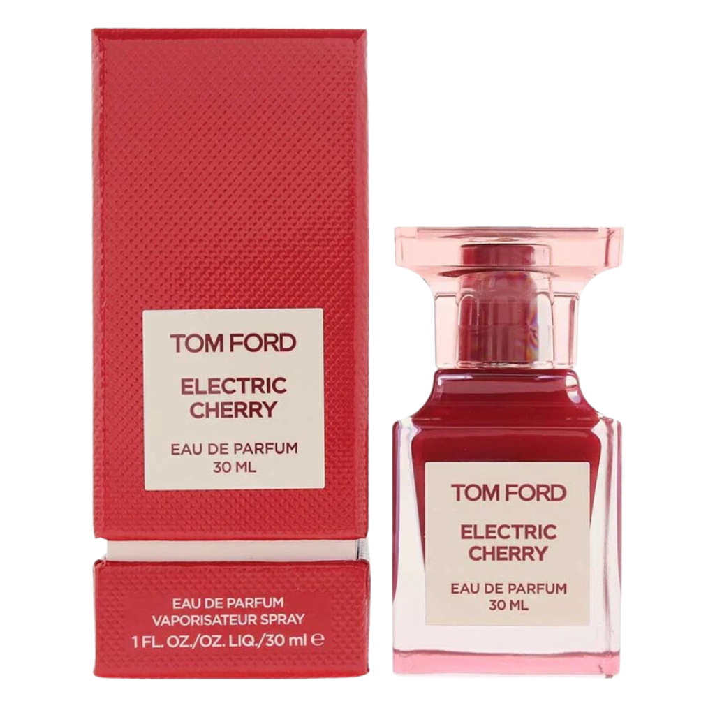 Electric Cherry EDP perfume bottle and matching red textured box with elegant minimalist labels and clear cap