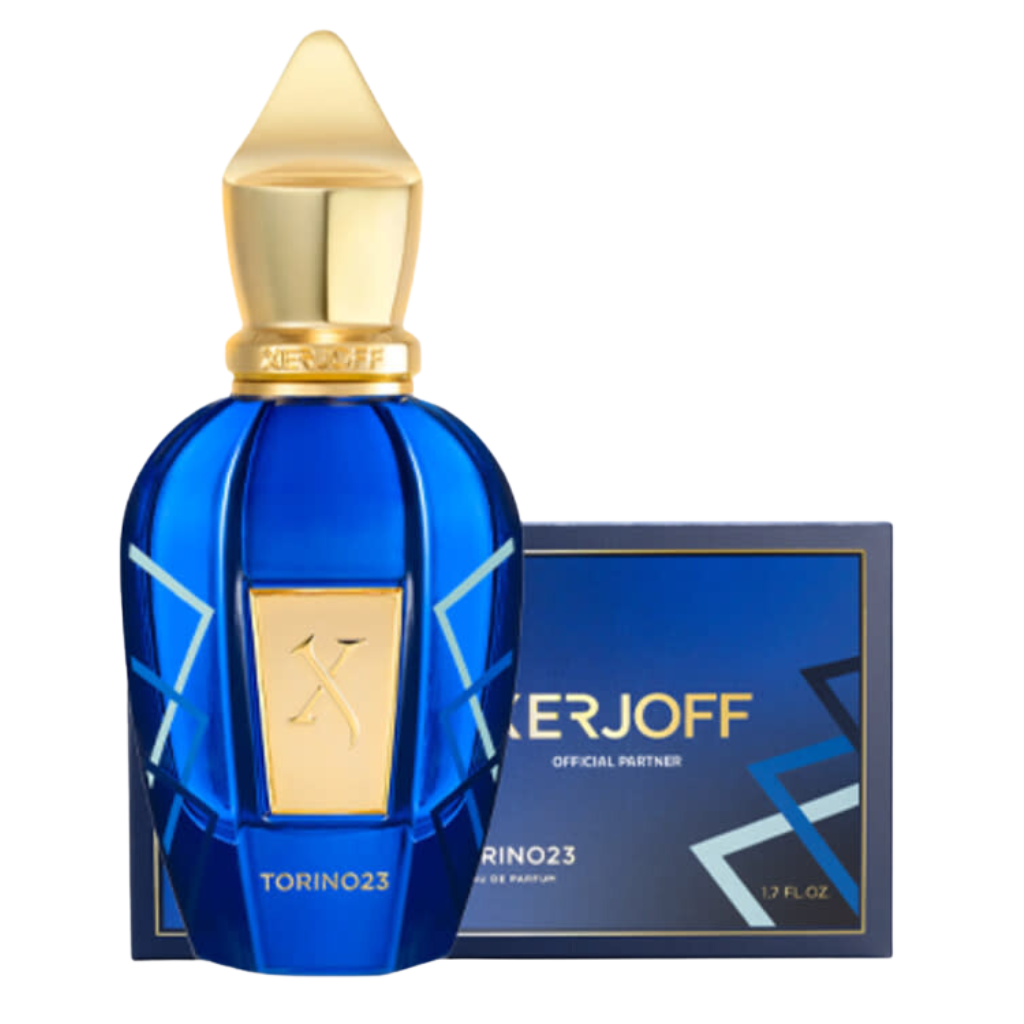 Torino 23 EDP fragrance bottle in deep blue with gold cap and matching box for niche perfume samples.