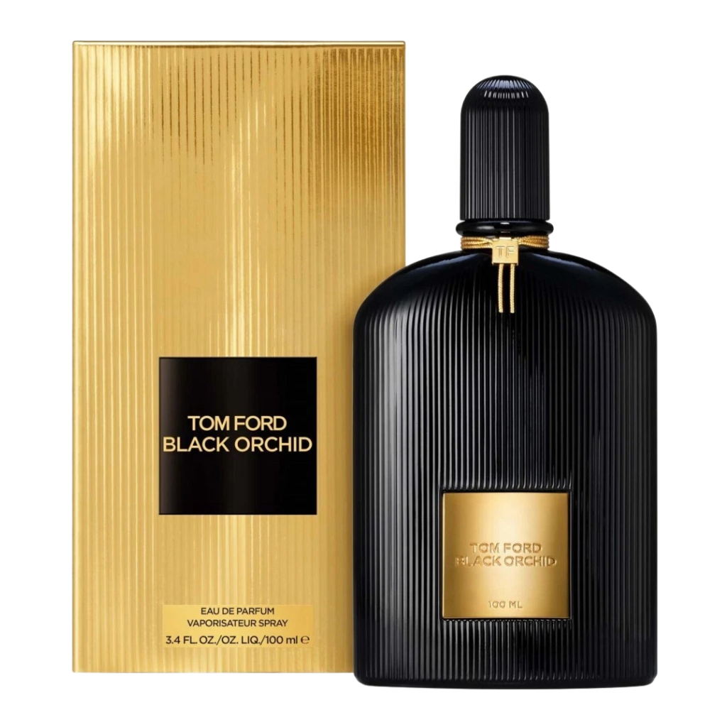 Black Orchid EDP bottle and gold textured box with black and gold labels in elegant packaging design
