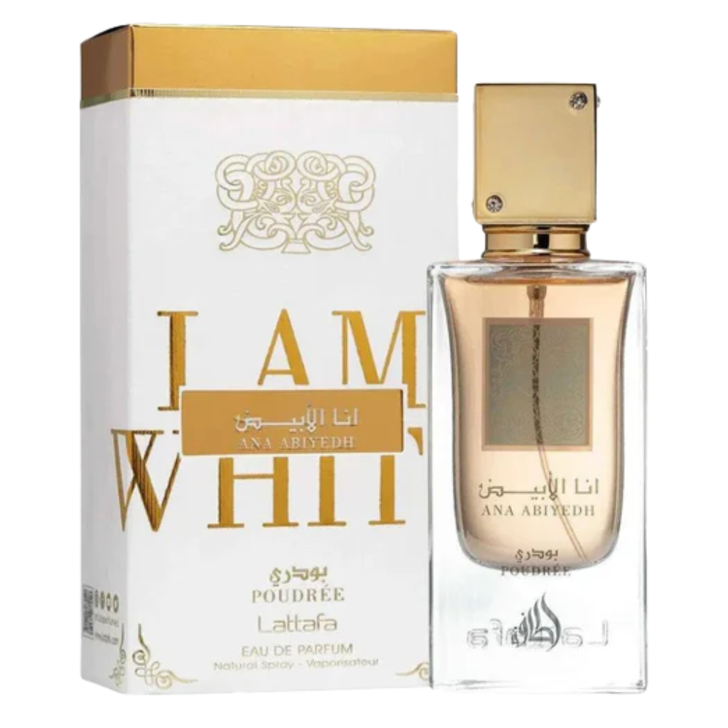Ana Abiyedh Poudree EDP perfume bottle and box with gold and white luxurious design reflecting niche fragrance style