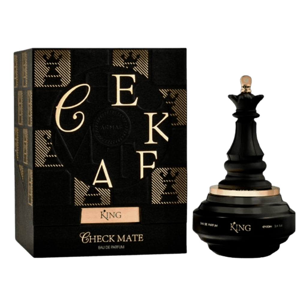 Checkmate King EDP black bottle shaped like chess king next to matching black and gold box packaging