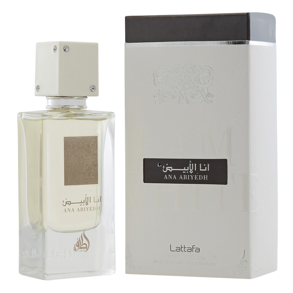 Ana Abiyedh EDP perfume bottle with a white cap beside matching elegant white and black packaging box