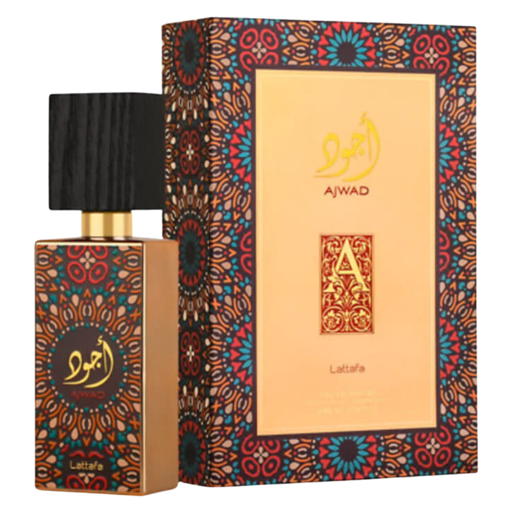 Ajwad EDP perfume bottle with intricate gold, red, and blue patterns alongside its matching decorative box.