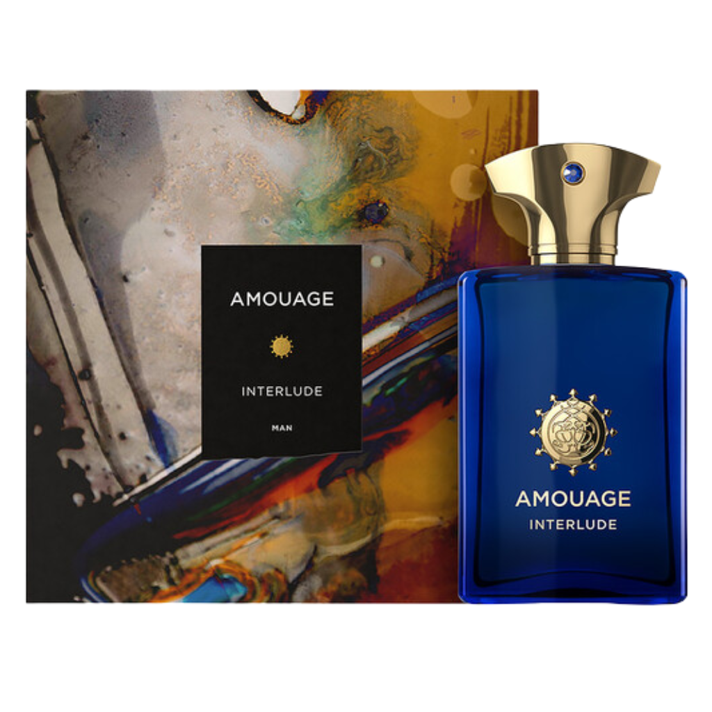 Interlude EDP blue glass bottle with gold cap beside artistic abstract packaging for authentic fragrance decants USA