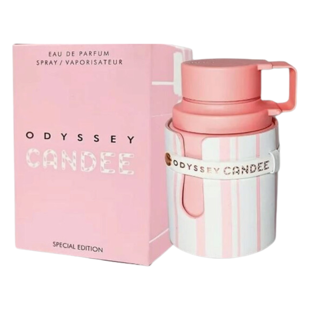 Odyssey Candee EDP perfume bottle with pink and white striped protective case beside matching pink box packaging