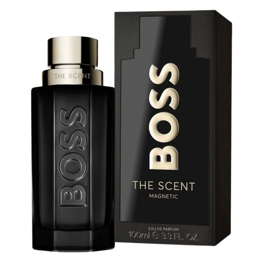 The Scent Magnetic EDP sleek black bottle and matching box with gold accented branding and minimalist design