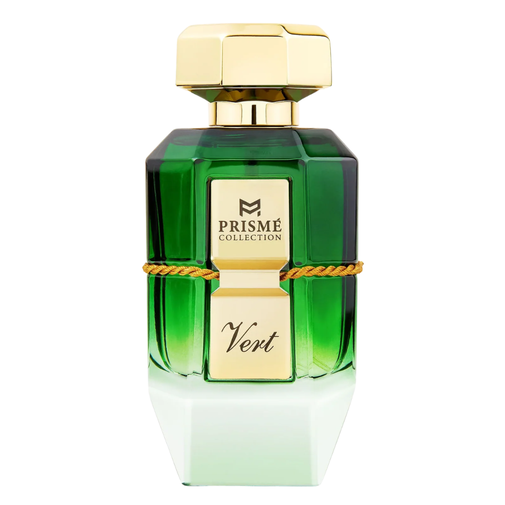 Prisme Vert EDP luxury fragrance bottle with green and gold accents showcasing elegant design and premium quality.