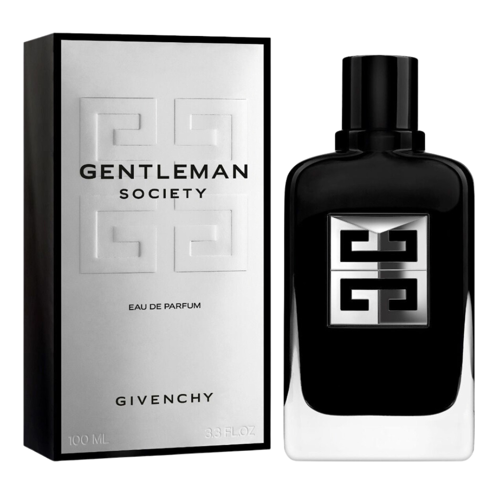 Gentleman Society EDP black bottle with silver logo next to sleek silver and black packaging box