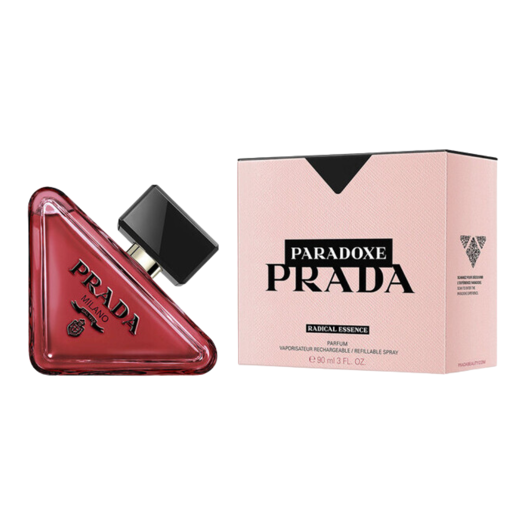 Paradoxe Radical Essence Parfum bottle and pink box with luxury fragrance design and refillable spray label