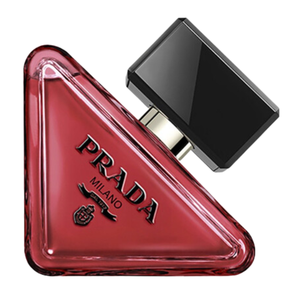 Red triangular perfume bottle with black cap labeled Prada Milano and Paradoxe Radical Essence Parfum