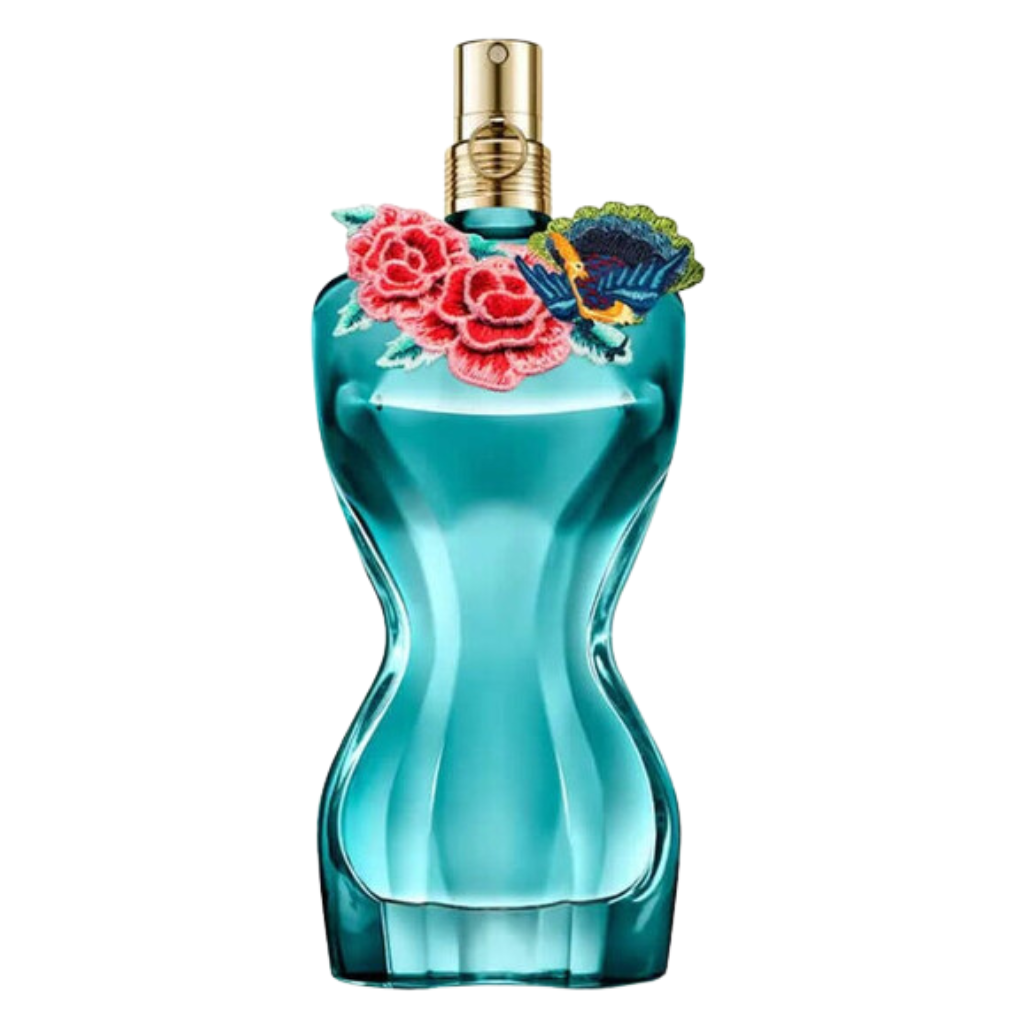 La Belle Paradise Garden EDP fragrance bottle shaped like a torso with floral and butterfly decorations