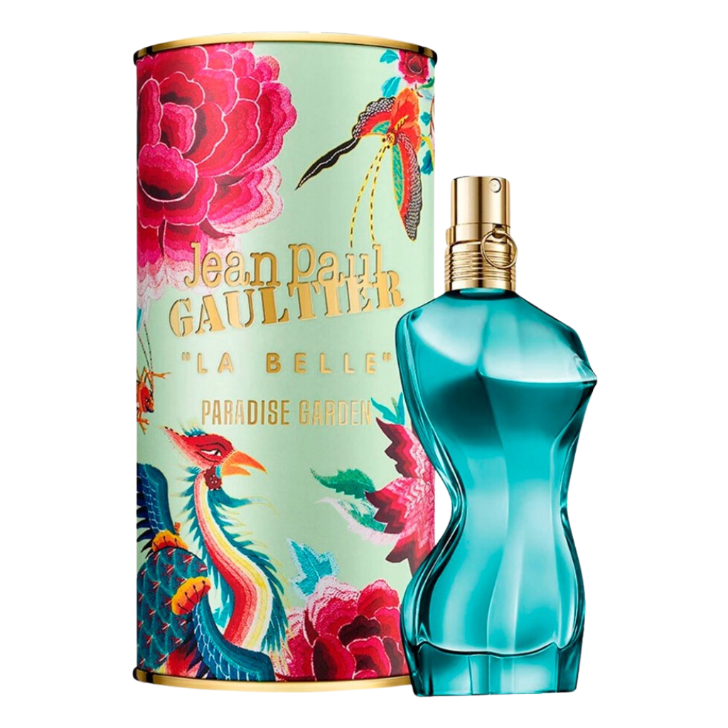 La Belle Paradise Garden EDP turquoise bottle beside floral decorative packaging with gold lettering