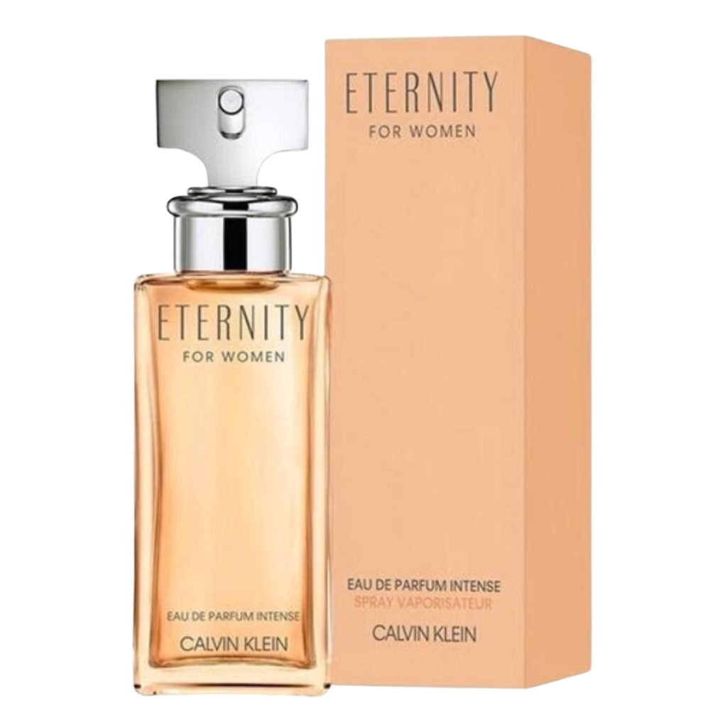 Eternity Intense EDP perfume bottle and matching box with peach tones, elegant design for women fragrance decants