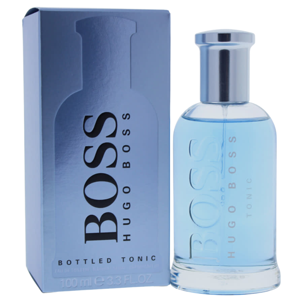 Glass bottle and box of Bottled Tonic EDT fragrance with blue liquid and silver cap, showcasing elegant design