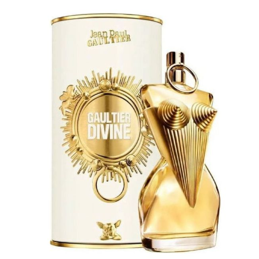 Gold sculpted perfume bottle with a cylindrical white and gold container labeled Divine EDP by Jean Paul Gaultier.