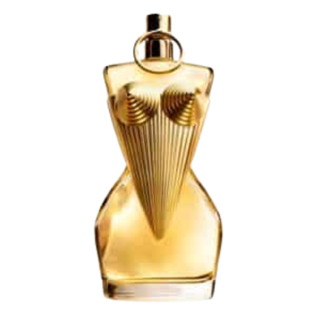 Gold bottle shaped like a stylized female torso with geometric details, Divine EDP fragrance design