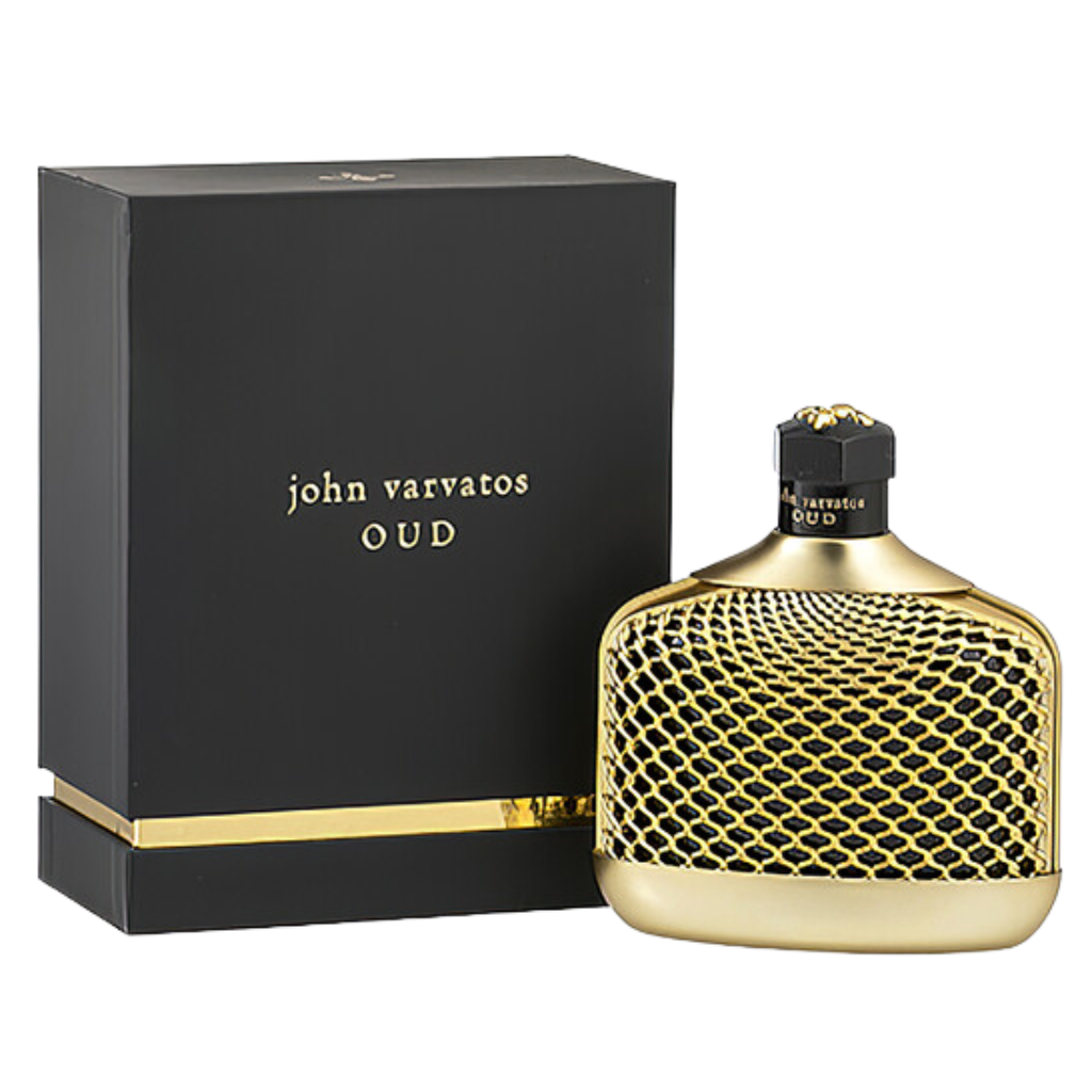 Oud EDP in a gold and black bottle with a matching black and gold luxury box packaging