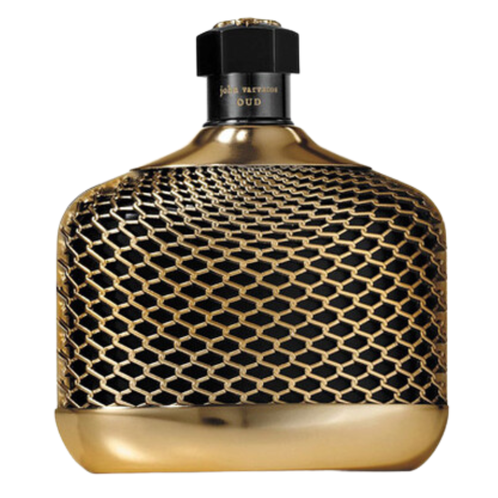 Oud EDP perfume bottle with gold mesh design and black cap highlighting luxury niche fragrance style