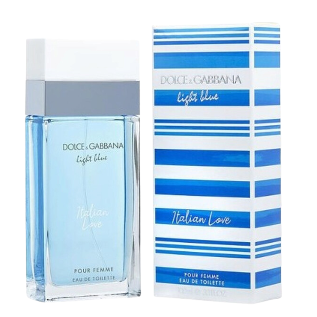 Dolce & Gabbana Light Blue Italian Love EDT bottle and striped blue box for women fragrance decants
