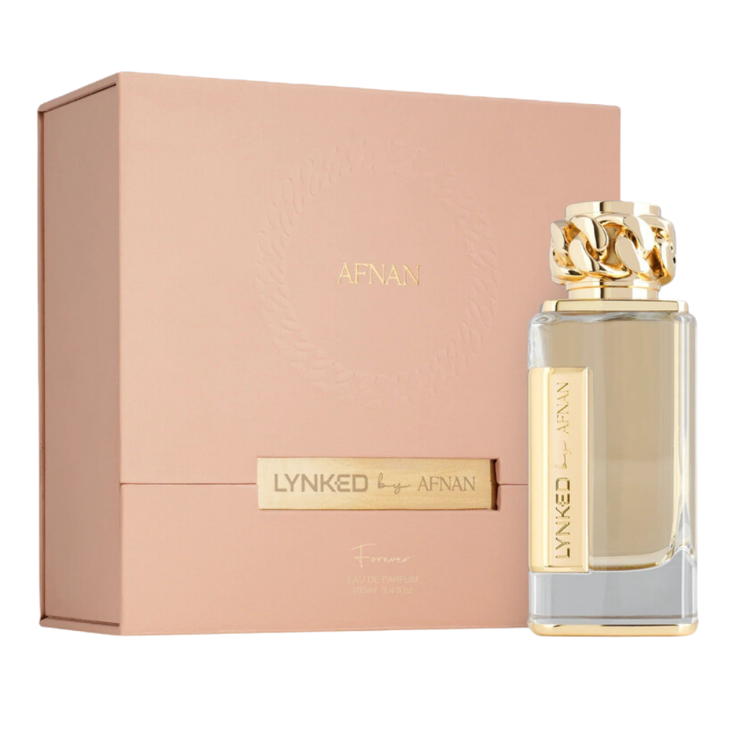 Lynked Forever EDP perfume bottle with gold chain cap and matching elegant beige gift box packaging