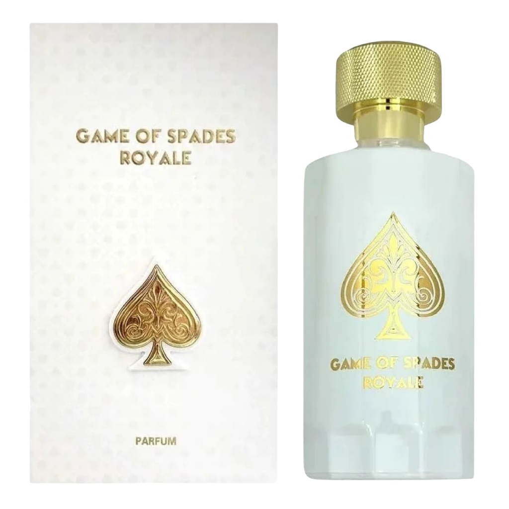 White and gold bottle of Game Of Spades Royale Parfum next to matching packaging with gold spade emblem and text