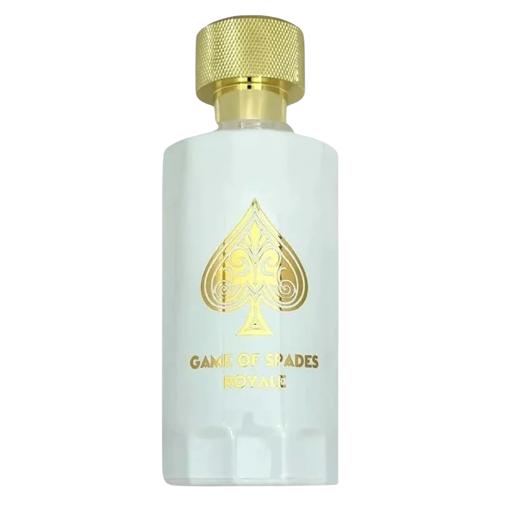 White bottle with gold cap and ornate gold spade logo of Game Of Spades Royale Parfum fragrance container