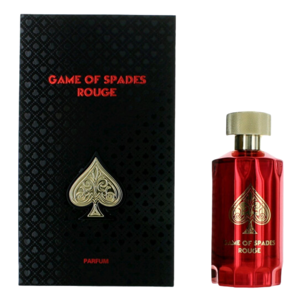 Game Of Spades Rouge Parfum bottle in red with gold cap beside black textured box with gold spade emblem and red text
